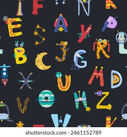 Cute seamless space themed letter pattern on dark background