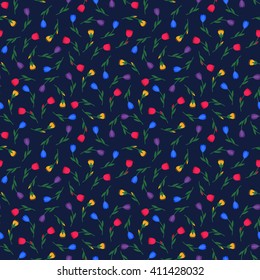 Cute seamless spring summer tiny flowers vector pattern on dark blue background. Tulips vintage illustration. Floral background. Decorative flowers texture. Fashion design for fabric and decor.