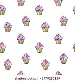 Cute seamless square pattern with pink and blue cupcakes. Colored doodle simple ornament with sweets. Isolated on changeable white background. Baby minimal vector pattern for print, fabric, design.