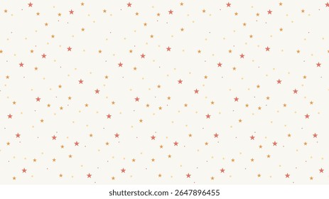 Cute seamless star pattern with red and yellow stars on cream background. Perfect celestial vector for kids fabric, nursery wallpaper, wrapping paper, digital prints, and space-themed designs.