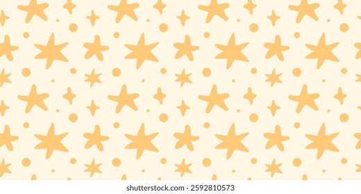 Cute seamless star pattern with trendy abstract shapes. Simple and playful doodle background design for print. Handdrawn vector illustration