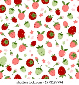 Cute seamless strawberry pattern on white background. Hand drawn berries in cartoon style, fresh and funny summer print 