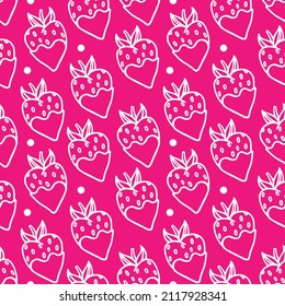 Cute seamless strawberry vector pattern in doodle style. A hand-drawn white outline of a strawberry on a pink background. Cartoon fruit background. Spring seasonal berry texture. For textiles, pack.