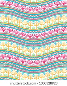 cute seamless striped background of abstract leaves and flowers