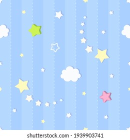Cute seamless striped and dotted pattern background with clouds and colorful falling stars. Children's bedroom, baby nursery decorative wallpaper. Vector Illustration.