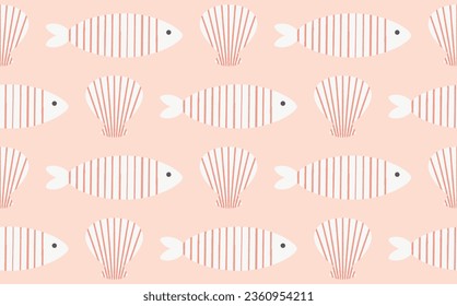 Cute seamless stylized fish and seashell seamless pattern. Vector illustration.