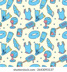 Cute Seamless Summer Background with Swimsuit, SPF, and Sea Elements