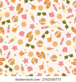 Cute seamless summer beach vector pattern. Background with sunglasses, flip flops, ice cream, seashells and citrus slices. Seasonal colorful wallpaper 