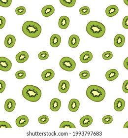 Cute seamless summer kiwi pattern on a white background. Print with exotic fruits. A set of food for a healthy lifestyle.