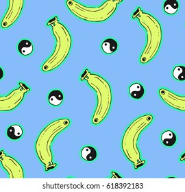 Cute seamless summer pattern with banana  and yin yang on blue background 80s 90s style.pop art.vector
