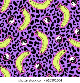 Cute seamless summer pattern with bananas and yin yangs on violet leopard background 80s 90s style.Animal print.vector
