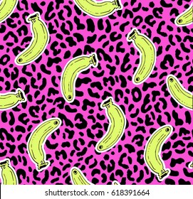 Cute seamless summer pattern with bananas and yin yangs on pink leopard background 80s 90s style.Animal print.vector
