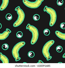 Cute seamless summer pattern with bananas and yin yangs on black background 80s 90s style.pop art.vector
