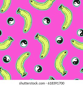 Cute seamless summer pattern with bananas and yin yangs on pink background 80s 90s style.pop art.vector
