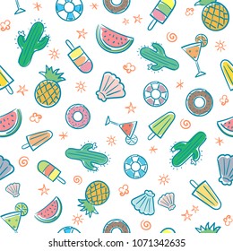 Cute seamless summer pattern with summer elements including sea wave, pineapple, cocktails, cactus, icecream, sea shell, watermelon, hand-drawn illustration seamless pattern background vector format