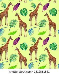 Cute seamless summer pattern with giraffe and flowers. Childish vector with lovely animal in cartoon style. Background for textile, wrapping