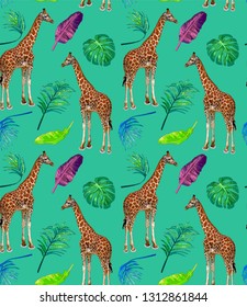 Cute seamless summer pattern with giraffe and flowers. Childish vector with lovely animal in cartoon style. Background for textile, wrapping