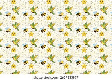 Cute Seamless Summer Pattern with Hummingbirds, Bees, and Stars, Hand Drawn Cartoon Background for Kids Fabric, Stationery, Wallpaper, Wrapping Paper, and Digital Use