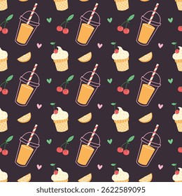 Cute Seamless Summer Pattern with Ice Cream, Juice and Fruits on Dark Background