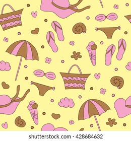 Cute seamless summer pattern. Pastel texture. Sea attributes. Vector illustration of fun summertime.