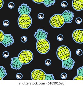 Cute seamless summer pattern with pineapples and yin yangs on black background 80s 90s style.pop art.vector
