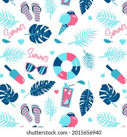 Cute seamless summer pattern with tropical leaves, cocktails, ice cream, flip flops and sunglasses in blue and pink colors. Vector illustration in flat style