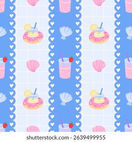 Cute seamless summer pattern with tropical cocktails, lemonades, inflatable donut floats, and hand-drawn lettering. Bright pastel vector for children’s clothing, fabric, and vacation-themed products