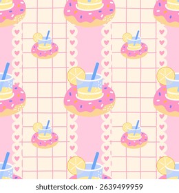 Cute seamless summer pattern with tropical cocktails, lemonades, inflatable donut floats, and hand-drawn lettering. Bright pastel vector for children’s clothing, fabric, and vacation-themed products
