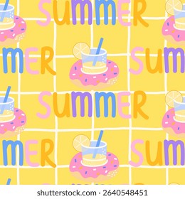 Cute seamless summer pattern with tropical cocktails, lemonades, inflatable donut floats, and hand-drawn lettering. Bright pastel vector for children’s clothing, fabric, and vacation-themed products