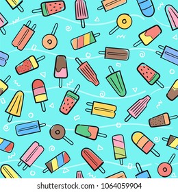Cute seamless summer pattern with variety fruit ice cream background hand-drawn illustration seamless pattern background vector format