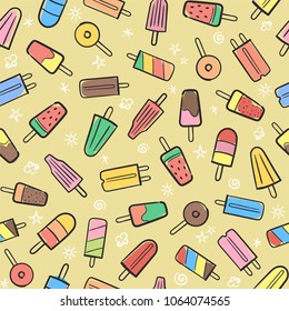 Cute seamless summer pattern with variety fruit ice cream background hand-drawn illustration seamless pattern background vector format