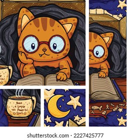A cute seamless surface pattern design of a cat inside a box covered in blanket reading a book. Accompanied by a steaming cup of coffee or tea. A cozy kitty in a blankie.