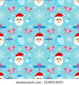 Cute seamless of sweet gift box with blue ball and Santa Claus red hat on white snowflake and starburst on pink or red wallpaper and vector background. Christmas and new year holiday concept