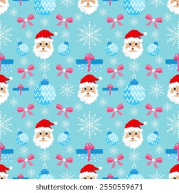 Cute seamless of sweet gift box with blue ball and Santa Claus red hat on white snowflake and starburst on pink or red wallpaper and vector background. Christmas and new year holiday concept