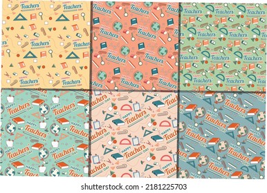 Cute seamless teacher's day pattern with school supplies and creative elements. Illustration of supplies for school children and students for learning and education.