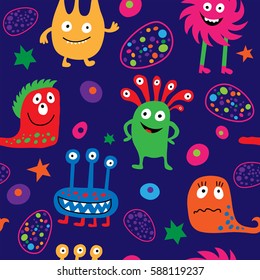 Cute seamless template with a different cheerful monsters and stars.
