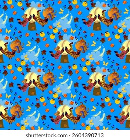 Cute seamless textile pattern with fairy tale characters. Rooster and chicken harvest apples and wheat against the background of the moon and blue sky. Butterflies, ladybugs, flowers, autumn leaves.