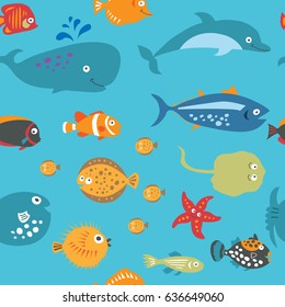 Cute seamless texture with a cartoon fish on a blue background
