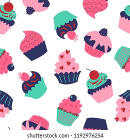 Cute seamless texture with a cupcakes on white background