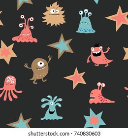 Cute seamless texture with a decorative aliens and stars