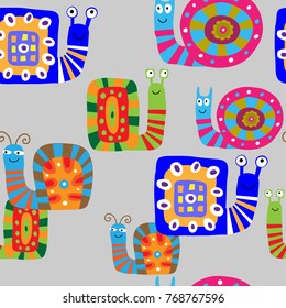 Cute seamless texture with a decorative cartoon snails