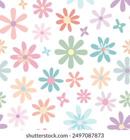 Cute seamless texture with different flowers with petals in baby pastel colors on white background