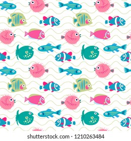 Cute seamless texture with a different tropical fish