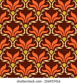 cute seamless texture with flowers and leaves in shades of red  with yellow dots