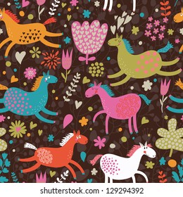 Cute seamless texture with funny horses in flowers. Vector pattern for web-design, textile, graphic design.