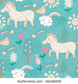 Cute seamless texture with funny horses, trees, sun and flowers. Vector pattern for web-design, textile, graphic design.