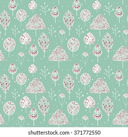 Cute seamless texture with hand drawn ornamental leaves. Endless hand drawn floral pattern. Template for textile design, backgrounds, packages and wrapping paper.