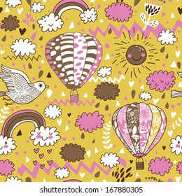 Cute seamless texture with hot air balloons, bird and clouds. Seamless pattern can be used for wallpaper, pattern fills, web page background,surface textures. Gorgeous seamless gentle background