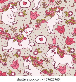 Cute seamless texture with lovely unicorns and flowers, can be used as decor for girl's playroom, vector illustration