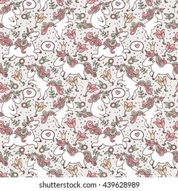 Cute seamless texture with lovely unicorns and flowers, can be used as decor for girl's playroom, vector illustration